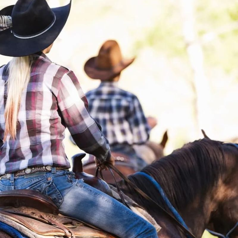 Two riders in cowboy hats horseback riding on a wooded trail