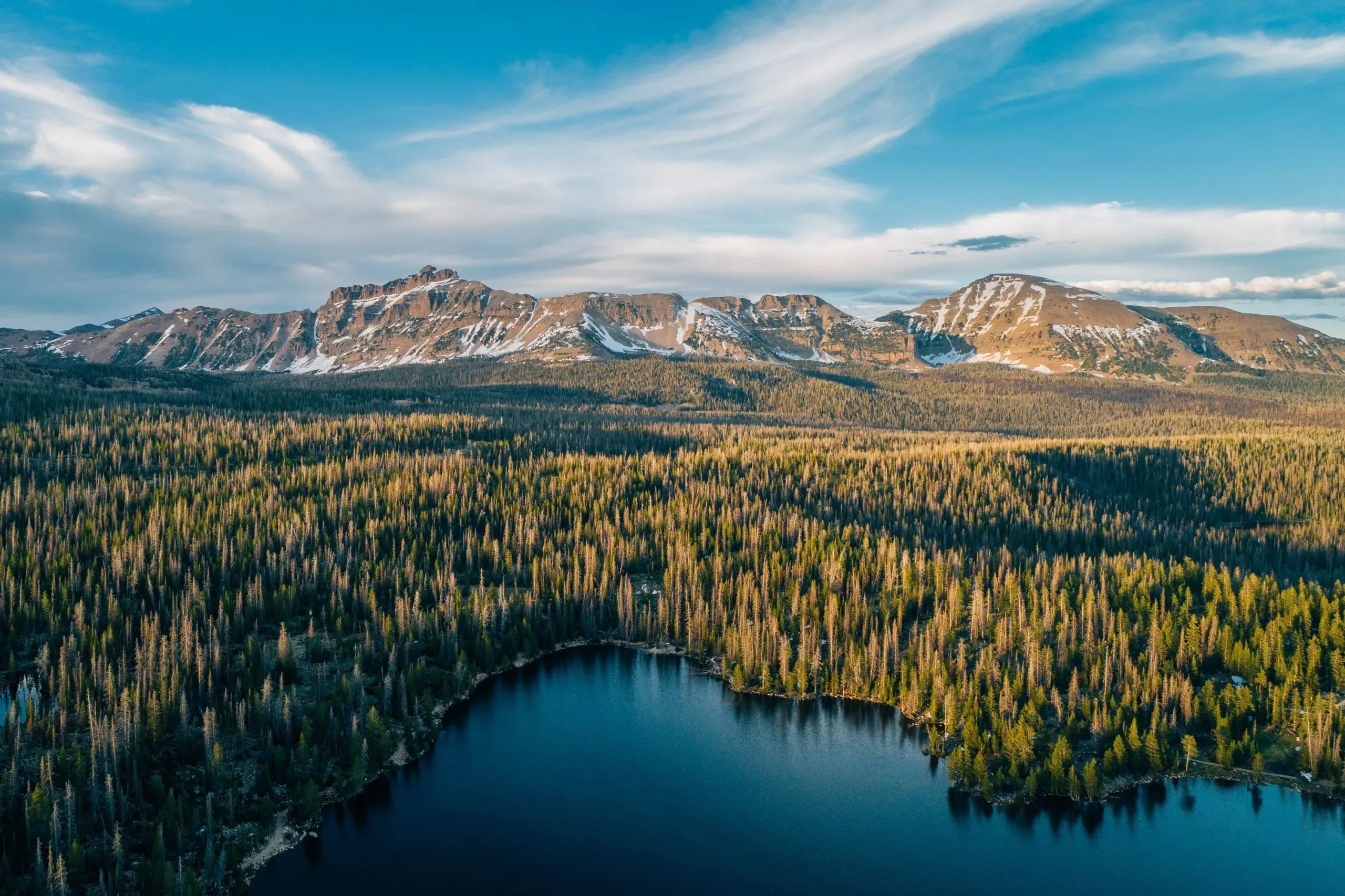 Aerial view of a mountain lake surrounded by evergreen forest with snow-capped peaks