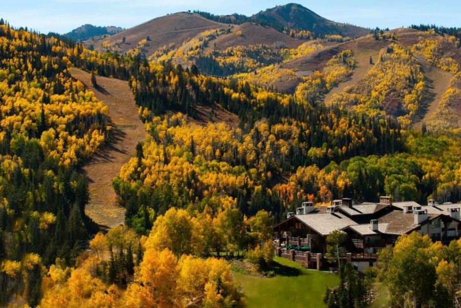 Mountain lodge nestled in a hillside of yellow autumn aspens