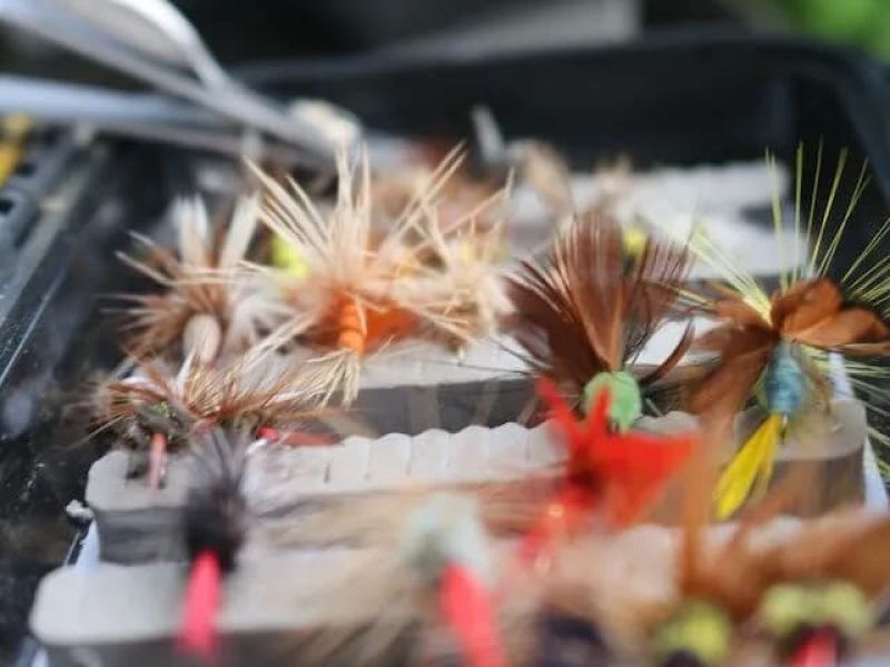 Open fly box filled with colorful hand-tied fishing flies