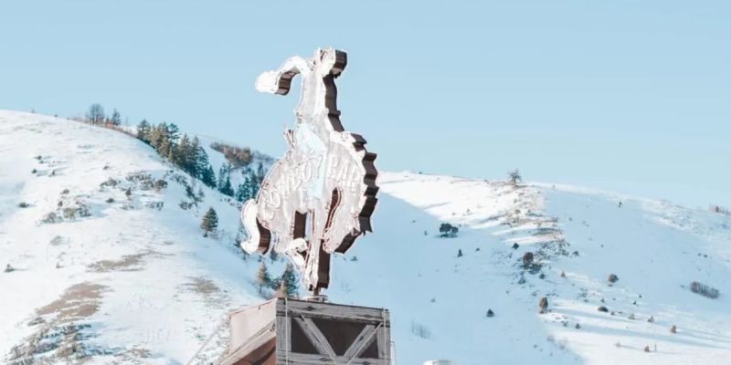 Cowboy Bar bucking-bronco neon sign on wooden post against snowy hillside