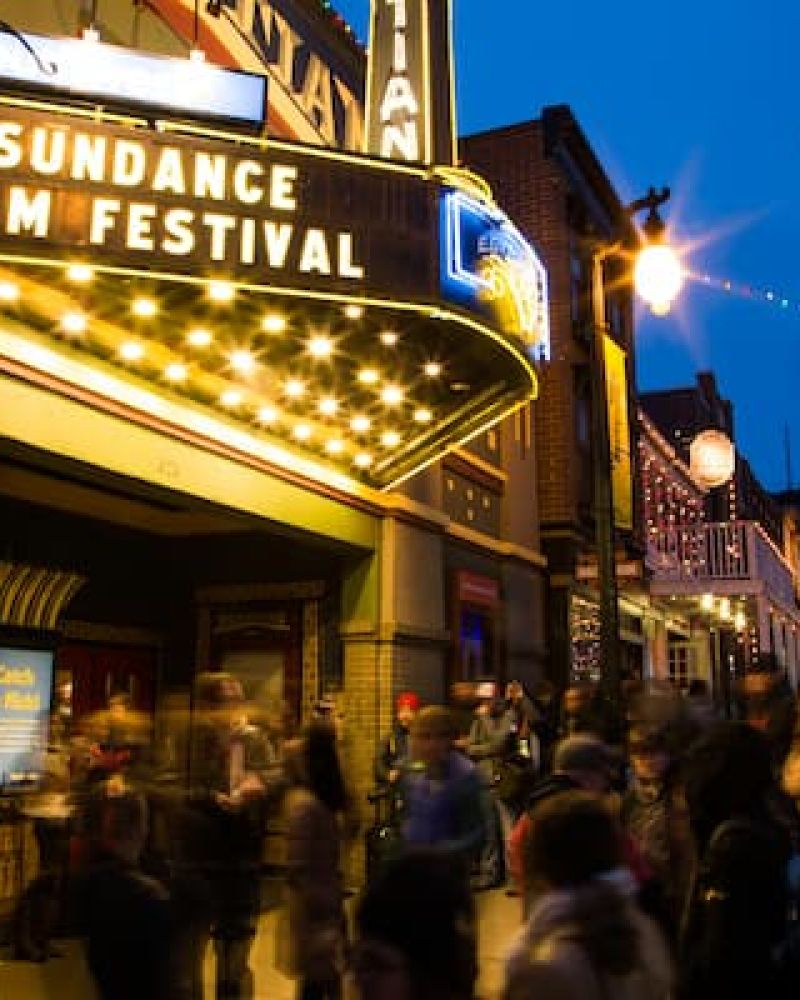 Egyptian Theatre marquee lit up for the Sundance Film Festival at night