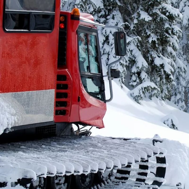 Red snowcat groomer parked beside snow-laden evergreens