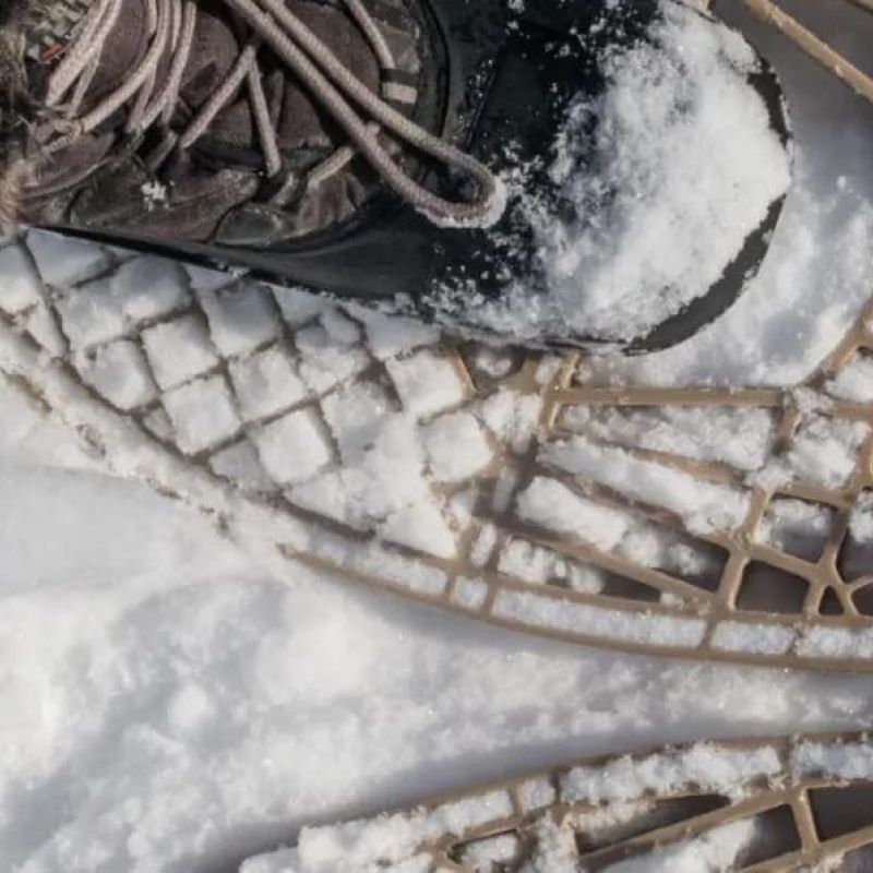 Overhead view of snowshoes strapped over hiking boots in deep snow