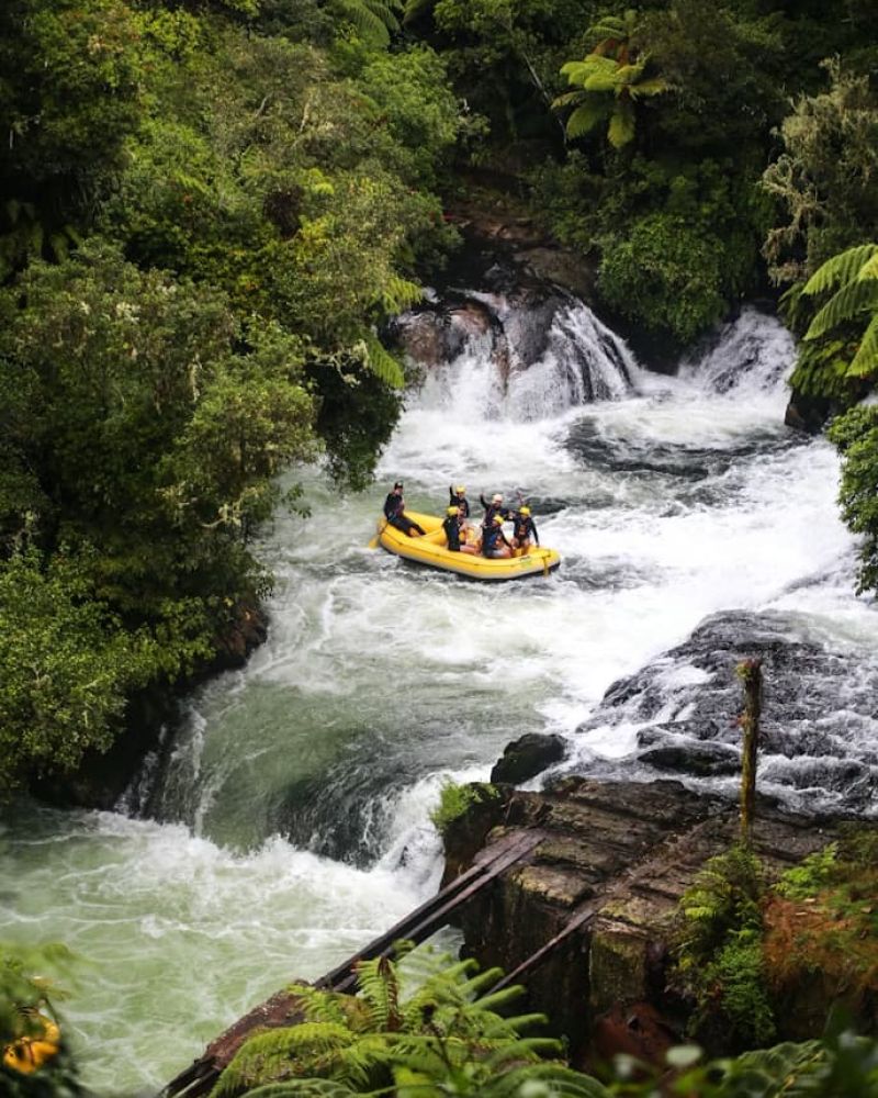 Yellow raft navigating whitewater rapids through a forested gorge