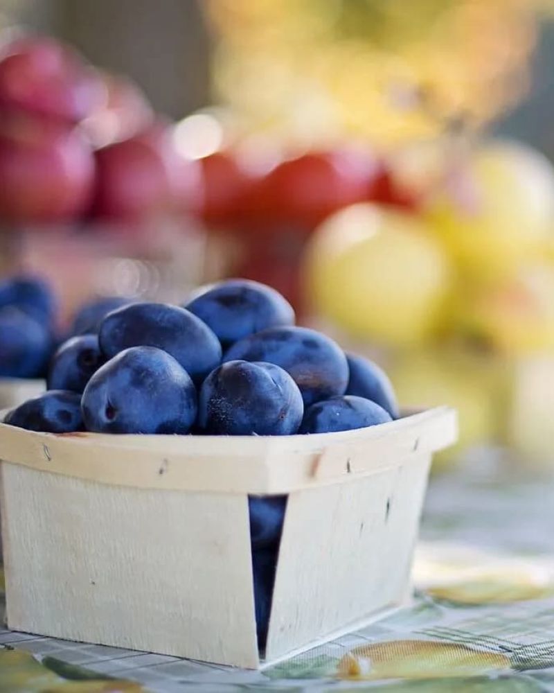 Baskets of fresh plums and apples at an outdoor farmers market