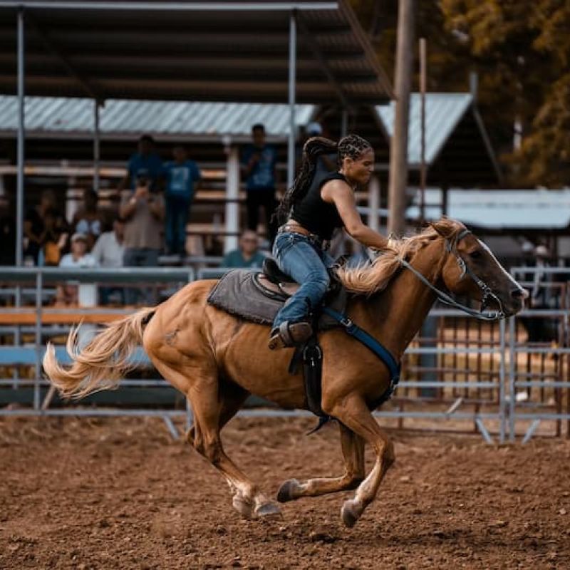 Woman barrel racing on a palomino horse in a rodeo arena