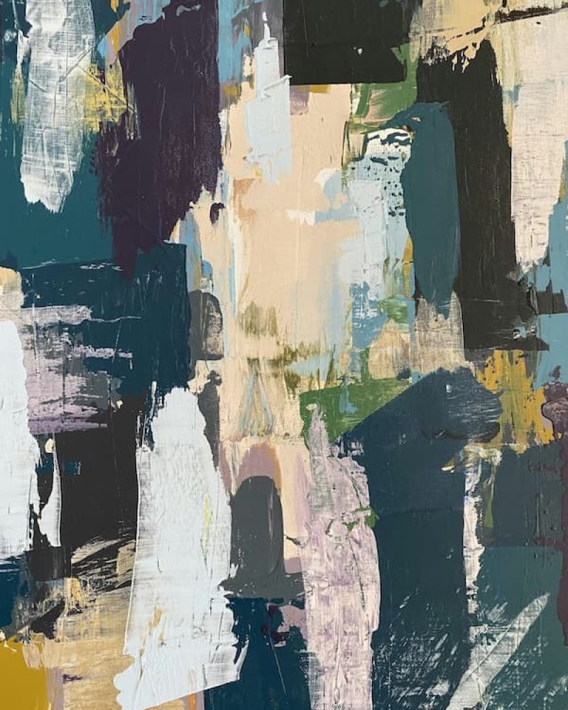 Abstract painting with multicolored brushstrokes in blue, plum, cream, and green