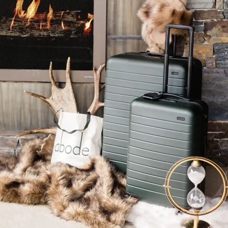 Green hardshell luggage and a tote bag beside a stone fireplace