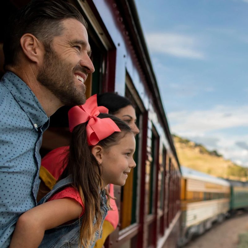 Father and daughter leaning out the window of a vintage scenic train