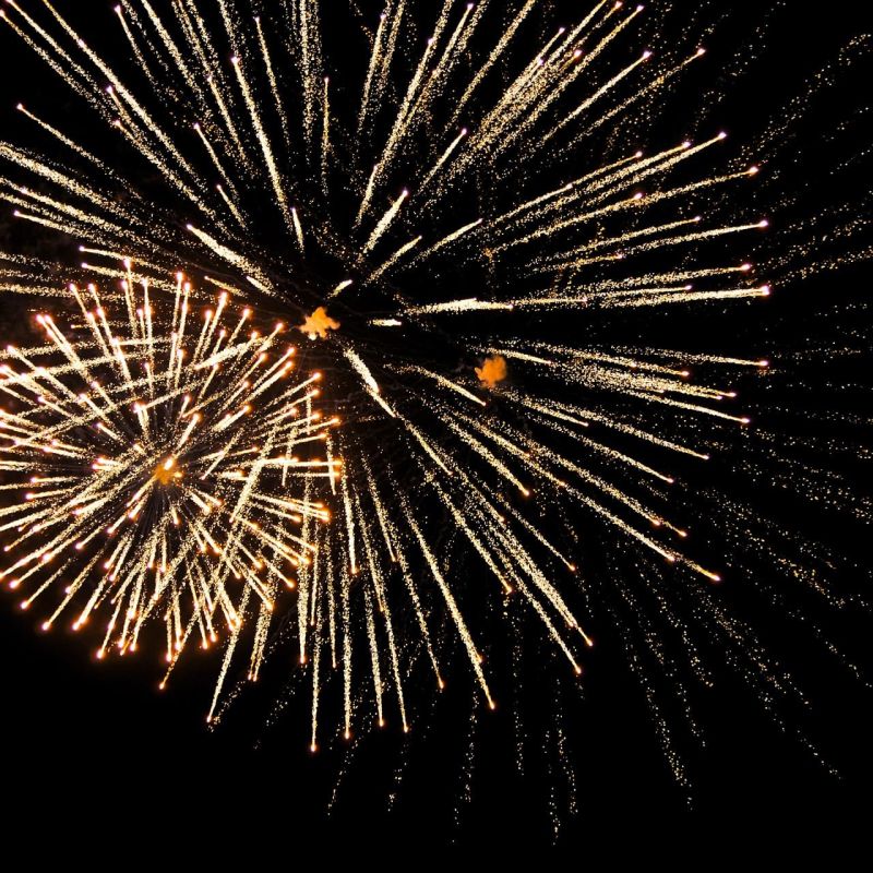 Golden fireworks bursting against a black night sky