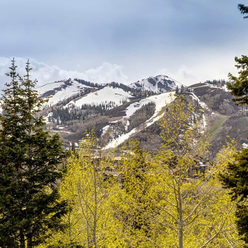 Snow-dusted Park City ski mountains framed by evergreens and budding aspens in spring