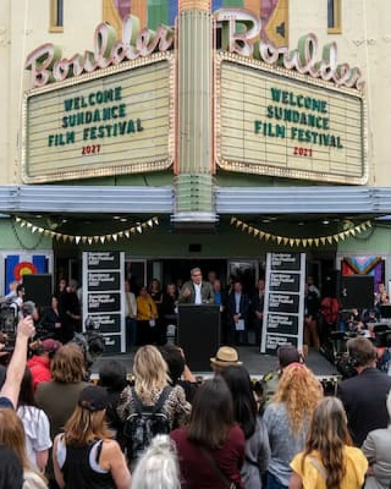 Crowd gathered outside a theater for a Sundance Film Festival event
